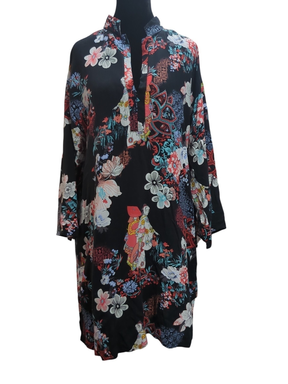 Natori Royal Garden Mandarin Sleep Shirt Lg Black Floral Rayon Asian Mandarin